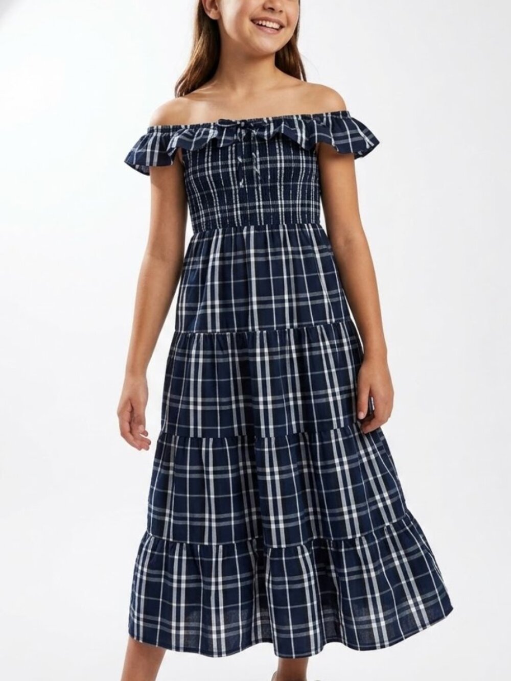 BCX Girl Plaid Taffeta Maxi Dress Navy Blue Smocked Tiered Grunge Goth Size 14